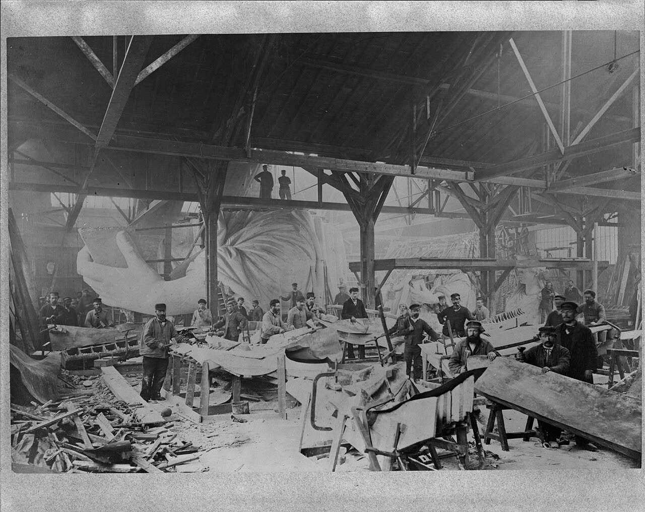 Bartholdi’s workshop in Paris: workmen building the statue, around 1882
