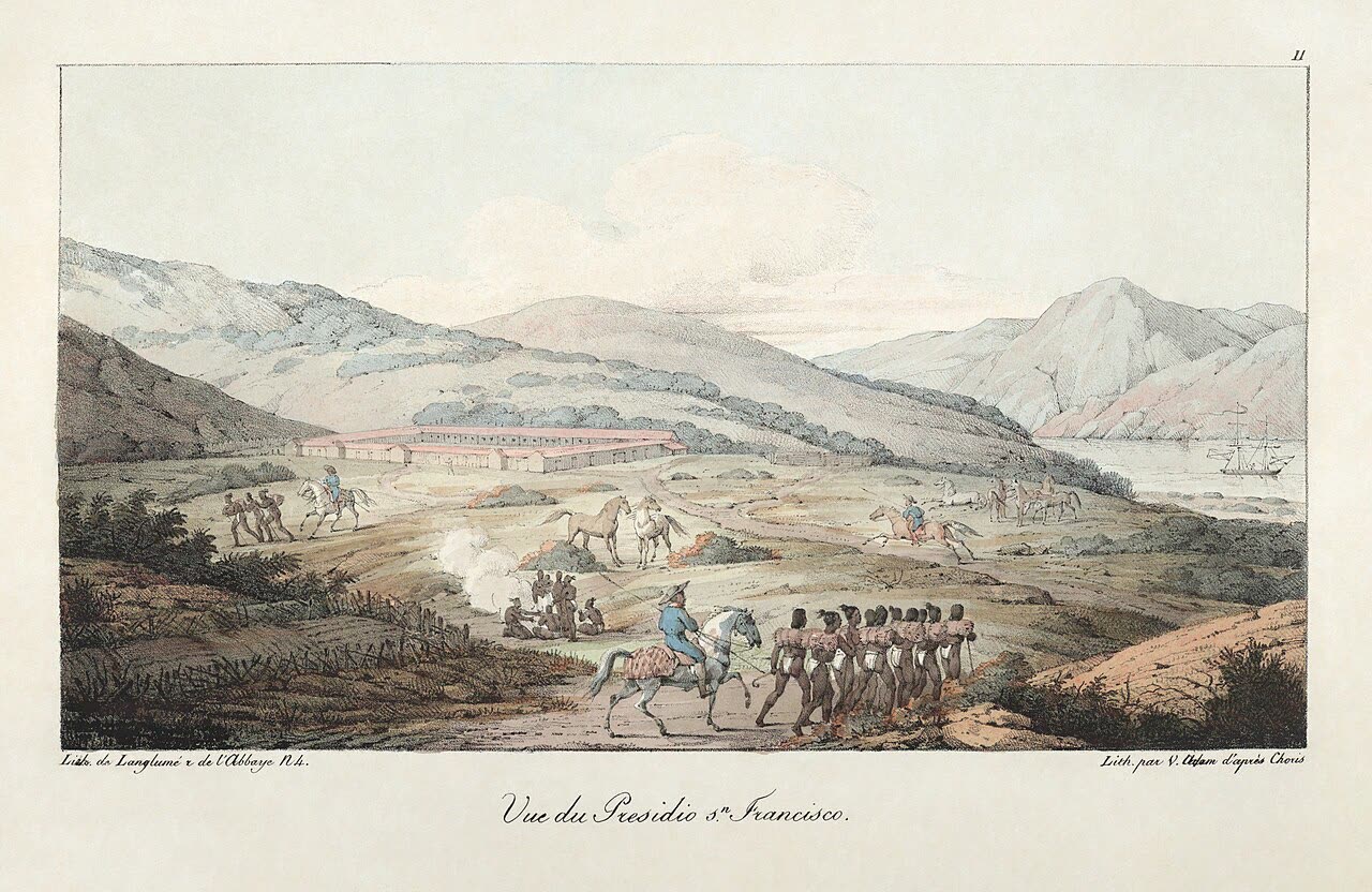 The Spanish Presidio after a drawing by Louis Choris, artist of the Russian expedition on the Rurik